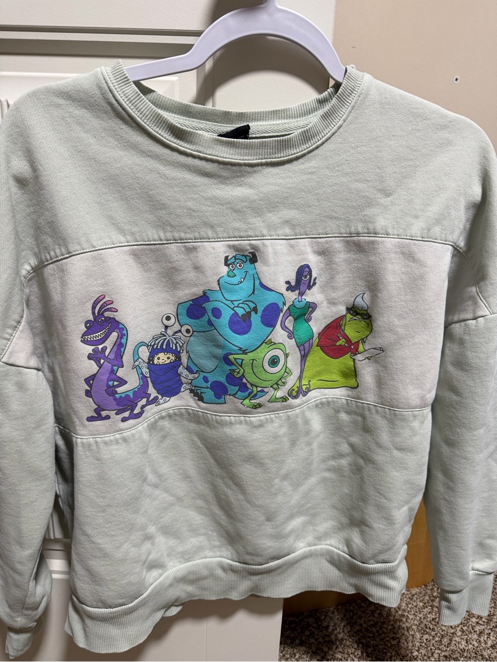 Womens Mint Green Monsters Inc Crewneck Sweatshirt - Animated Character Graphic